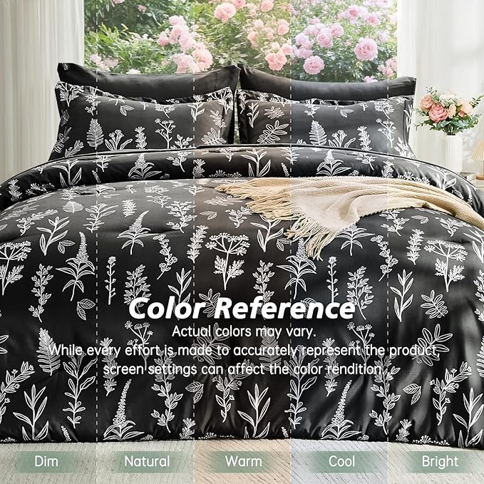 MUXHOMO Black Twin Comforter Set, Elegant Floral Print Bed in a Bag 5 Pieces, Ultra Soft & Breathable Reversible Botanical Pattern Bedding Set with Comforter, Sheets, Pillowcase, and Sham