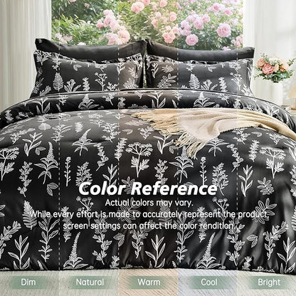 MUXHOMO Black Twin Comforter Set, Elegant Floral Print Bed in a Bag 5 Pieces, Ultra Soft & Breathable Reversible Botanical Pattern Bedding Set with Comforter, Sheets, Pillowcase, and Sham