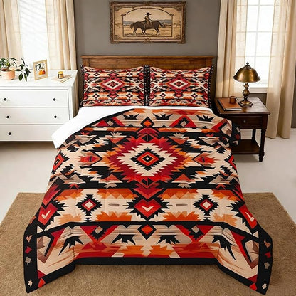 Feelyou Boho Comforter Set King Size Southwest Native American Design Comforter Southwestern Geometric Bedding Set Western Decor Duvet Set Room Decor Hot Orange Quilt Set