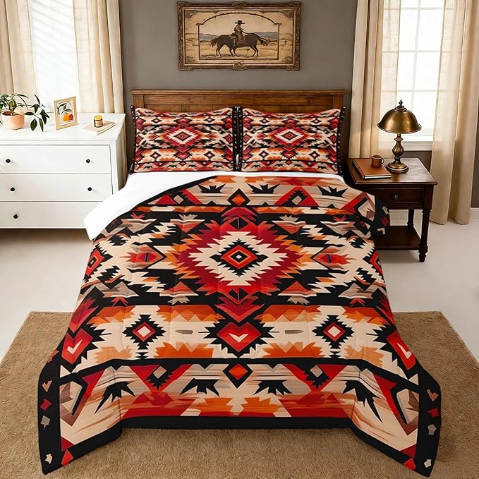 Feelyou Boho Comforter Set Full Size Southwest Native American Design Comforter Southwestern Geometric Bedding Set Western Decor Duvet Set Room Decor Hot Orange Quilt Set