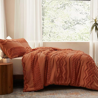 Luxudecor Terracotta Boho Tufted Comforter Set King Size 3 Pieces Boho Shabby Chic Comforter Farmhouse Embroidery Bedding Set Soft Comforter for All Seasons (Terracotta, 104''x90'')