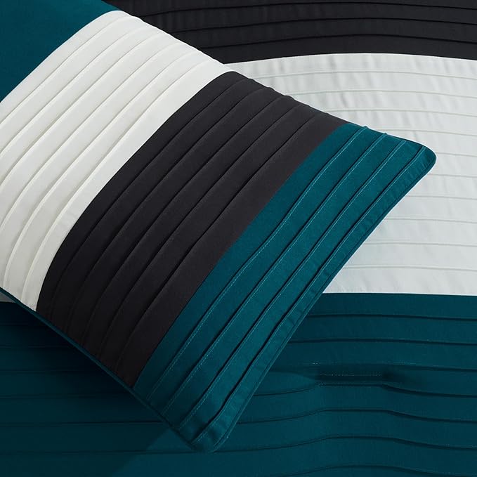 Chezmoi Collection Briar 7-Piece California King Bed in a Bag - All Season Lightweight Microfiber Comforter Set - Includes Sheets & Shams - Teal/Black/White Pleated Stripe Design