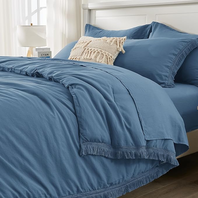 Andency Queen Comforter Set with Sheets Sea Blue - 7 Pieces Boho Tassel Bed in a Bag Soft Lightweight Bedding Sets, Fringe Bed Set with Comforter, Sheets, Pillowcases & Shams