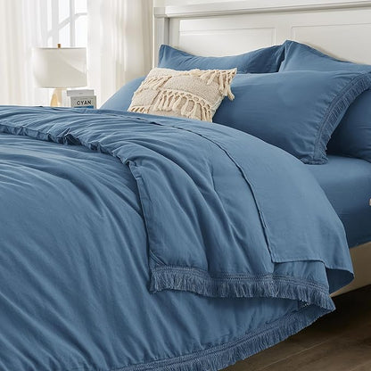 Andency Queen Comforter Set with Sheets Sea Blue - 7 Pieces Boho Tassel Bed in a Bag Soft Lightweight Bedding Sets, Fringe Bed Set with Comforter, Sheets, Pillowcases & Shams