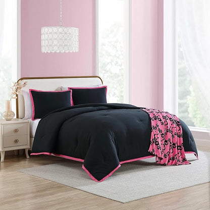 Betsey Johnson - Twin Comforter Set, Bedding Set with Matching Sham & Bonus Soft Throw, Dorm Essentials (Signature Hotel Solid Black)