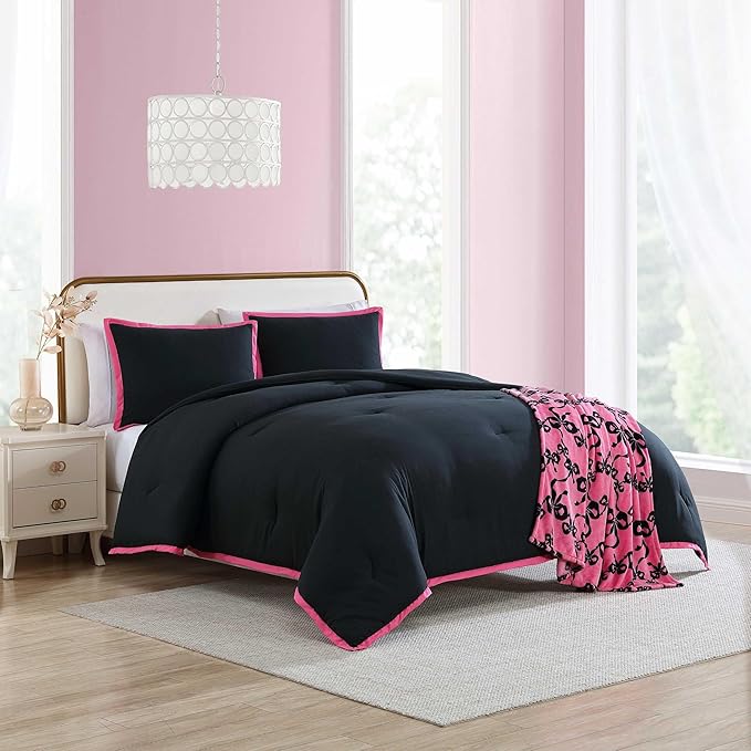 Betsey Johnson - King Comforter Set, Super Soft Bedding with Matching Shams, Bonus Throw Included, Chic Bedding Essentials (Signature Hotel Solid Black, King)