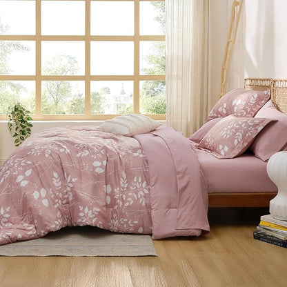 Bedsure Rose Pink Queen Comforter Set - 7 Pieces Floral Bedding Sets Queen Bed in a Bag with Reversible Botanical Flowers Comforter, Sheets, Pillowcases & Shams