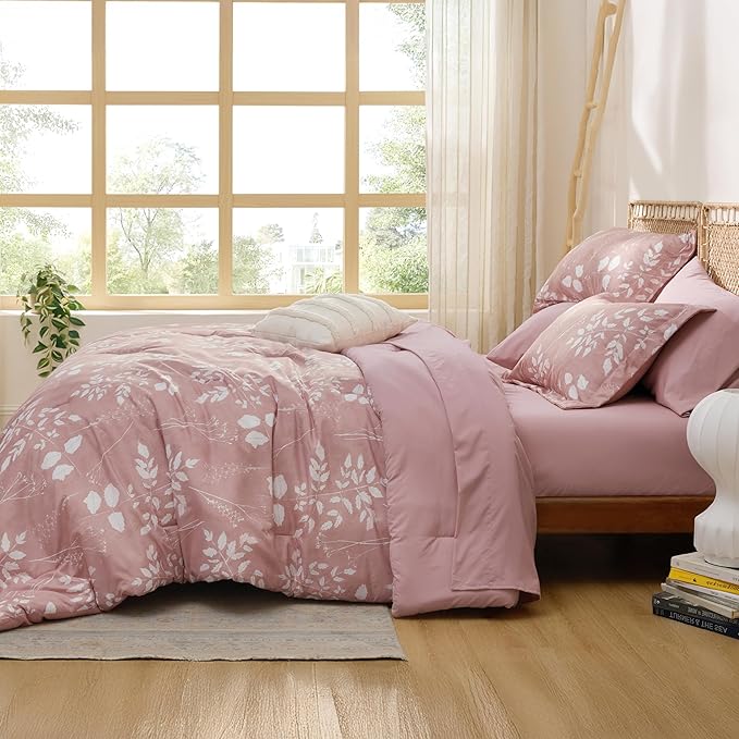 Bedsure Rose Pink Full Comforter Set - 7 Pieces Floral Bedding Sets Full Bed in a Bag with Reversible Botanical Flowers Comforter, Sheets, Pillowcases & Shams