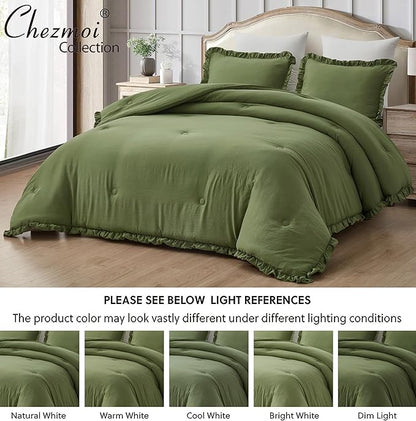 Chezmoi Collection Nora Olive Green Comforter Set King Size 3-Piece Fluffy Soft Stone-Washed Ruffled Shabby Chic Bedding for All Season