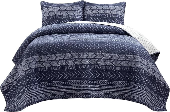 Lush Decor Hygge Geo Pattern Striped 3 Piece Quilt Bedding Set, King, Navy