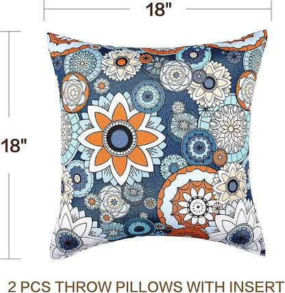 JMGBird Outdoor Pillows Set of 2 with Inserts - 18x18 Waterproof Throw Pillows for Patio Furniture, Navy Blue Sunflower Decorative Cushions
