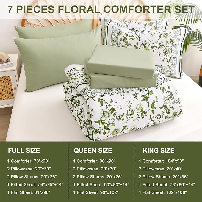 Dobuyly Floral Comforter Set Full Size, 7 Piece Bed in a Bag Full Size Sage Green Flowers on White Botanical Bedding Set, Soft Microfiber Bedding Comforter Sets with Sheets for All Season