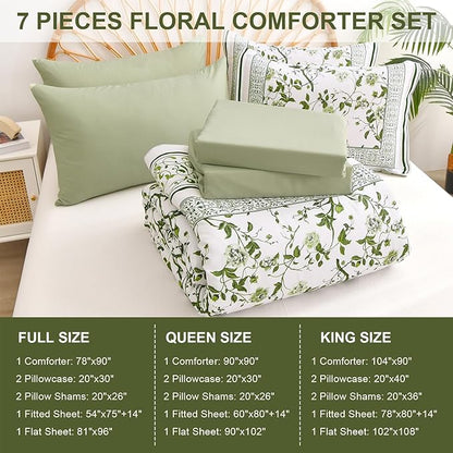 Dobuyly Floral Comforter Set Full Size, 7 Piece Bed in a Bag Full Size Sage Green Flowers on White Botanical Bedding Set, Soft Microfiber Bedding Comforter Sets with Sheets for All Season