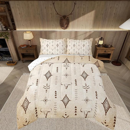 Feelyou Western Bull Skull Comforter Set Boho Ethnic Horns Bedding Set Toddler Size Kids Adult Black Brown Tribal Symbol Mysterious Aztec Comforter