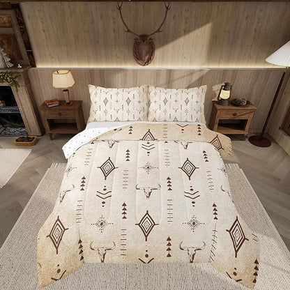 Feelyou Western Bull Skull Comforter Set Boho Ethnic Horns Bedding Set Full Size Kids Adult Black Brown Tribal Symbol Mysterious Aztec Comforter