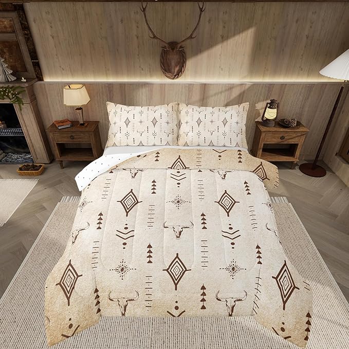 Feelyou Western Bull Skull Comforter Set Boho Ethnic Horns Bedding Set Queen Size Kids Adult Black Brown Tribal Symbol Mysterious Aztec Comforter