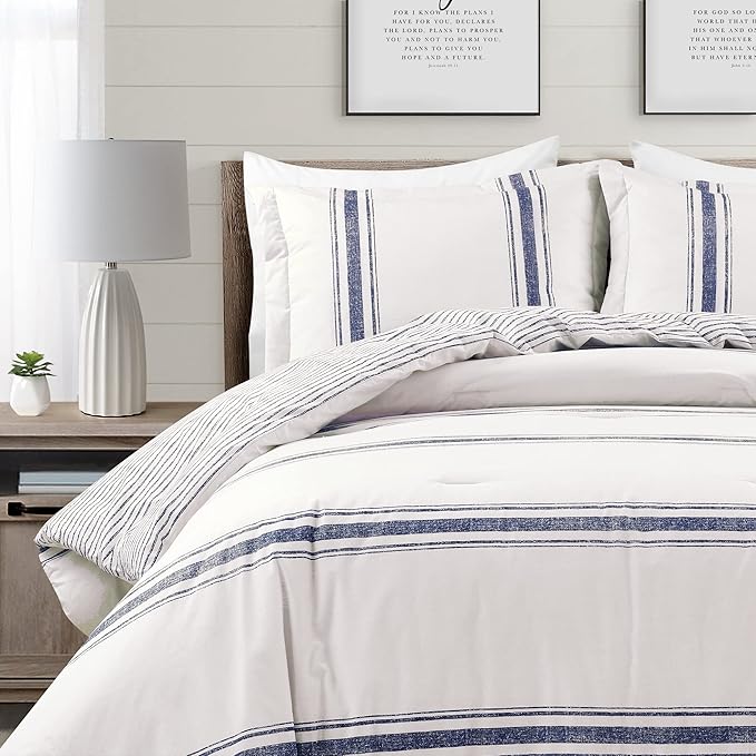 Lush Decor Farmhouse Stripe Reversible Cotton Comforter Set, 3 Piece Set, Full/ Queen, Navy - Cozy Farmhouse Bedding Set - Rustic Decor - Striped Comforter - Modern Farmhouse Bedroom Decor
