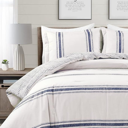 Lush Decor Farmhouse Stripe Reversible Cotton Comforter Set, 3 Piece Set, Full/ Queen, Navy - Cozy Farmhouse Bedding Set - Rustic Decor - Striped Comforter - Modern Farmhouse Bedroom Decor