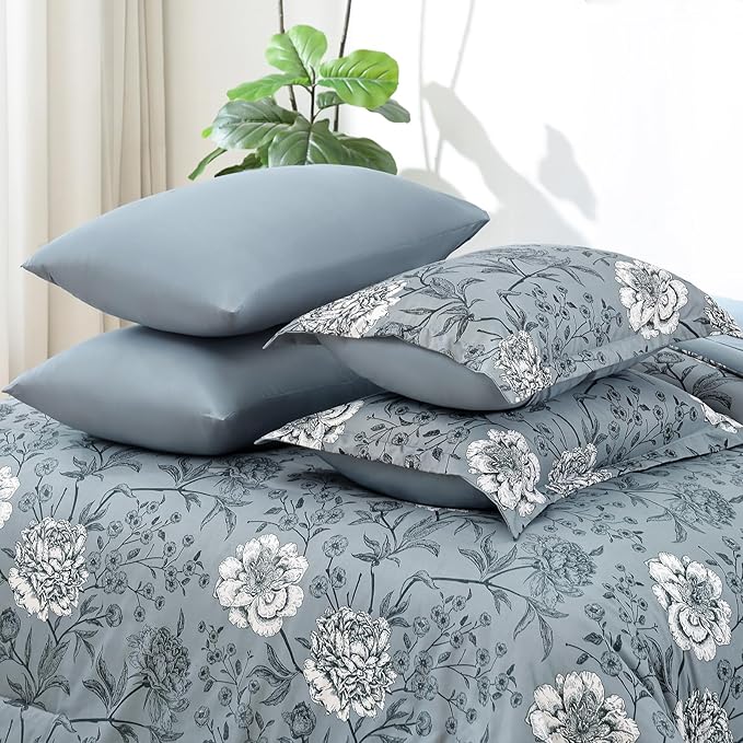 Yiran Queen Size Comforter Set 7 Piece Bed in a Bag Blue Floral Botanical Soft Microfiber Bedding Set Comforter for All Season Bed Set 90"×90"