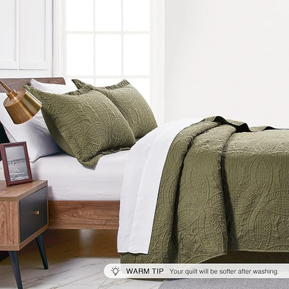Love's cabin Twin Quilt Bedding Set Green Bedspreads - Soft Bed Summer Lightweight Bedspread Comforter - Coin Pattern Bedding Coverlet for All Season - 2 Pieces (1 Quilt, 1 Pillow Sham)