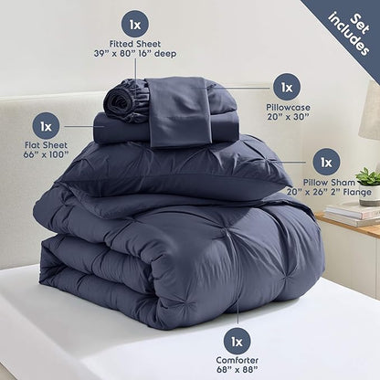 Nestl Twin XL Comforter Set 5 Piece - Pintuck Twin XL Bedding Set Navy, College Dorm Room Essentials Bed in a Bag, Twin XL Comforter Set for College Girls and Boys with Sheets, Pillowcase and Sham