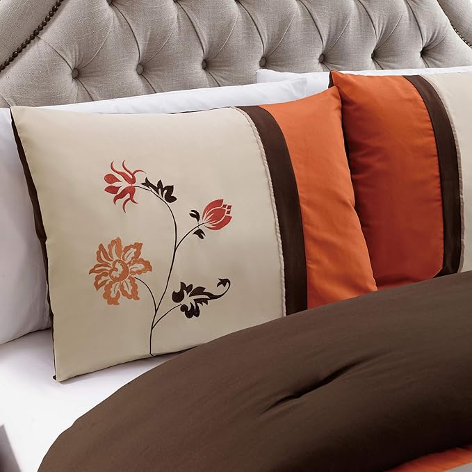 Chezmoi Collection Serene 7-Piece Luxury Autumn Floral Embroidery Comforter Set, Queen, Orange/Brown/Taupe