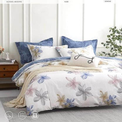 Natural Cotton 3pcs Floral Comforter Sets Queen Size - Grayish White Comfoter with Blush & Tan Floral Print, Aegean Blue Reverse, Vintage Lightweight Bedding Sets(Queen 90"×90")