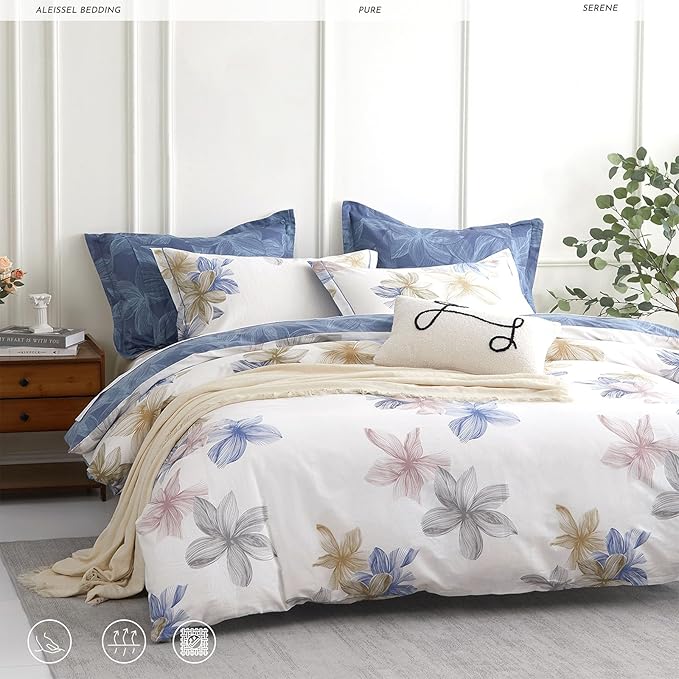 Natural Cotton 3pcs Floral Comforter Sets King Size - Grayish White Comfoter with Blush & Tan Floral Print, Aegean Blue Reverse, Vintage Lightweight Bedding Sets(King 104"×90")