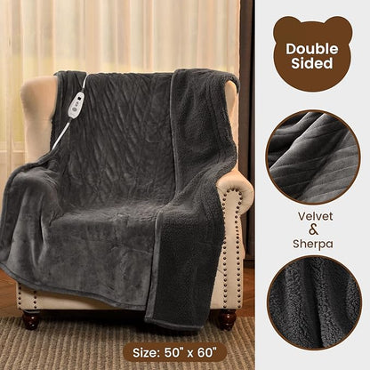 Bearhug Electric Throw Blanket 50" x 60", Reversible Velvet & Sherpa Heated Throw, 6 Heating Levels & 4H Auto Off, Over-Heat Protect, ETL Certification, Machine Washable