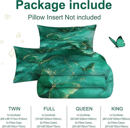 Emerald Green Marble Comforter Set Twin Size Teal Dark Green Marbled Bedding Set Modern Marbling Art Glitter Bedding Giltter Butterflies Quilt Set with 1 Comforter + 1 Pillowcase