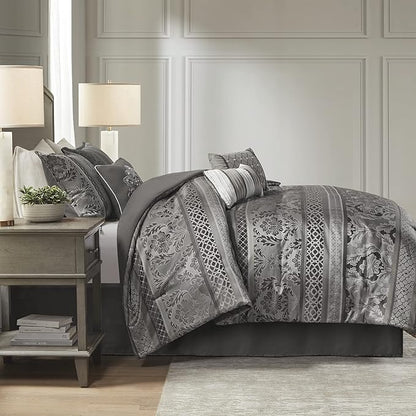 Madison Park Bellagio Cozy Comforter Set - Luxurious Jaquard Traditional Damask Design, All Season Down Alternative Bedding with Matching Shams, Decorative Pillow, King(104"x92") , Grey 7 Piece