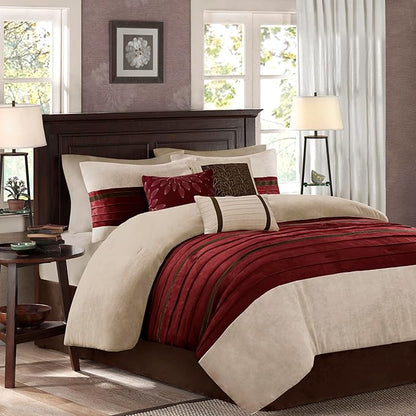 Madison Park Palmer Comforter Set-Luxury Faux Suede Design, Striped Accent, All Season Down Alternative Bedding, Matching Shams, Decorative Pillow, Bed Skirt, King (104 in x 92 in), Red 7 Piece