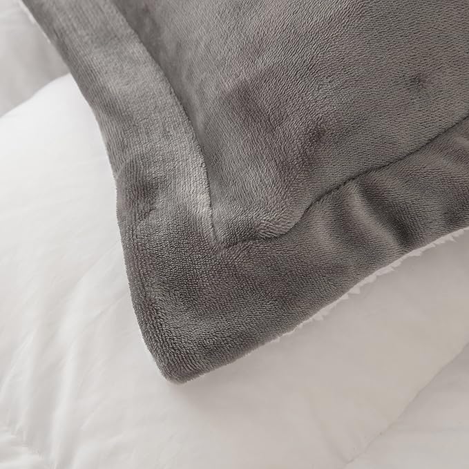 Seward Park Grey Sherpa Comforter Set King Size, Soft Fall Winter All Season Down Alternative Bedding Sets 3 Piece (1 Comforter and 2 Pillow Shams)