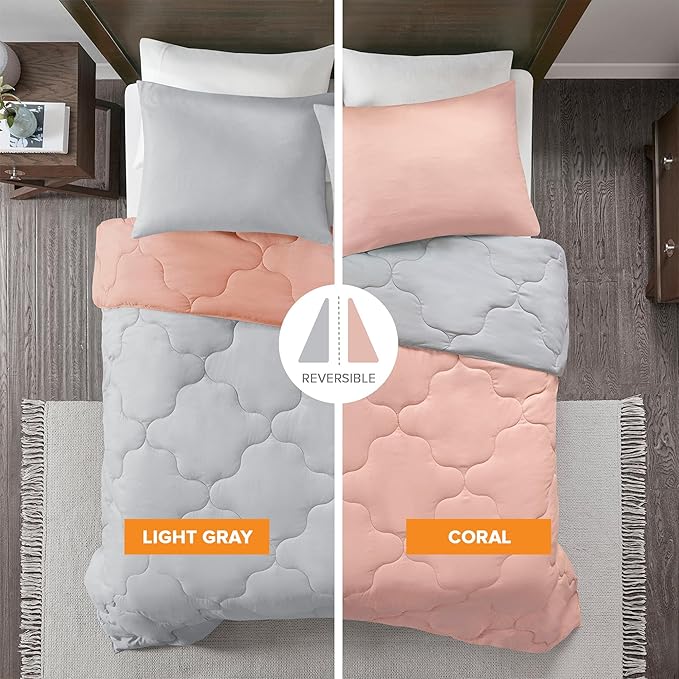 Comfort Spaces Vixie Reversible Comforter Set - Trendy Casual Geometric Quilted Cover, All Season Down Alternative Cozy Bedding, Matching Sham, Coral/Gray, Twin/Twin XL 2 piece