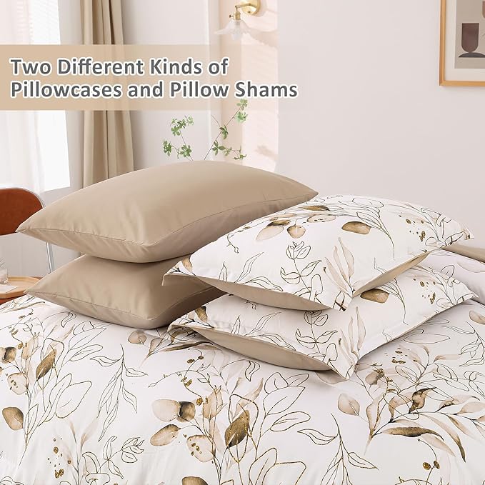 WONGS BEDDING Brown Comforter Set Queen, 7 Pieces Botanical Bed in a Bag Golden Leaves Bedding Set Soft Microfiber Queen (1 Comforter,2 Pillowcase,2 Pillow Shams,1 Flat Sheet,1 Fitted Sheet)