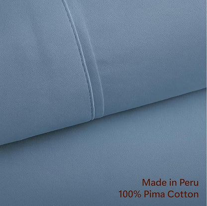 Peru Pima 415 Thread Count Percal King Sheet Set - 100% Peruvian Pima Cotton, 4 Piece (Flat, Fitted, 2 Pillowcases) - Cooling, Crisp, Deep Pocket, Hotel Quality Bedding - Light Denim