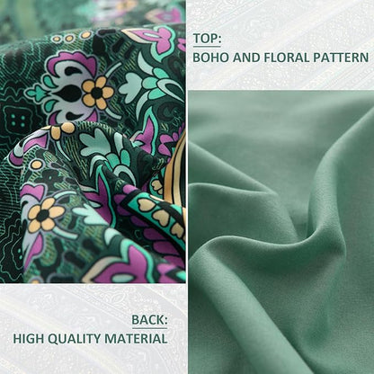 Boho Green Comforter Set Full Size,8 Piece Bed in a Bag Bohemian Striped Bedding Quilt Set,Dark Green Paisley Floral Comforter and Sheet Set,Soft Microfiber Complete Bedding Sets for All Season