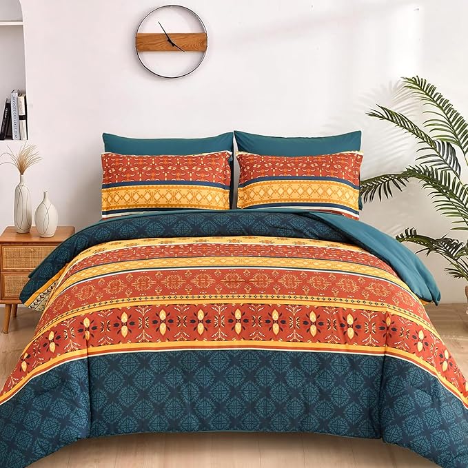 WONGS BEDDING Boho Comforter Set Queen Size,7 Pieces Bed in a Bag Bohemian Striped Bedding Set,Burnt Orange Paisley Floral Comfortet and Sheet Set,Soft Microfiber Bedding Sets for All Season