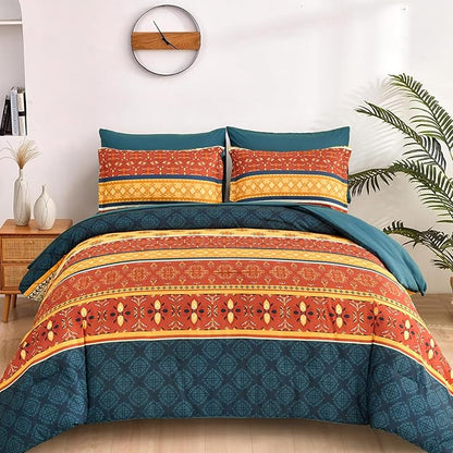 WONGS BEDDING Boho Comforter Set Queen Size,7 Pieces Bed in a Bag Bohemian Striped Bedding Set,Burnt Orange Paisley Floral Comfortet and Sheet Set,Soft Microfiber Bedding Sets for All Season