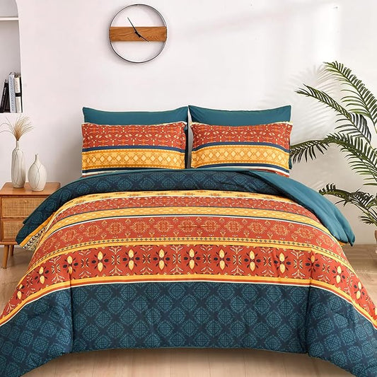 WONGS BEDDING Boho Comforter Set Queen Size,7 Pieces Bed in a Bag Bohemian Striped Bedding Set,Burnt Orange Paisley Floral Comfortet and Sheet Set,Soft Microfiber Bedding Sets for All Season