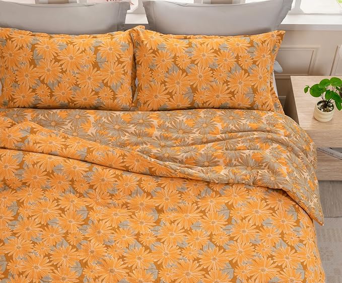 SLEEPBELLA Washed Double Layer Muslin 100% Cotton Comforter Set Queen Size, Yellow & Blue Sunflower Pattern Fluffy Thick Checked Bedding Set, Soft Breathable (1 Comforter, 2 Pillow Shams)
