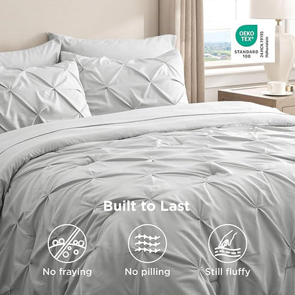 Bedsure Queen Comforter Set Light Grey - Bed in a Bag Queen Size Bedding 7 Pieces, GentleSoft™ Pintuck Bed Set Gift for Family, Pinch Pleat All Season Comforter with Sheets, Pillowcases & Shams