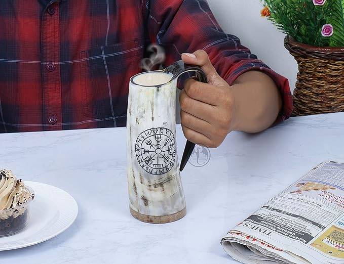 Viking Drinking Coffee Mug- 12oz| Gifts for Men & Women| Real Ox Horn| Food Grade Medieval| Hot and Cold Liquids| Engraved Natural Shine Finish (Compass)
