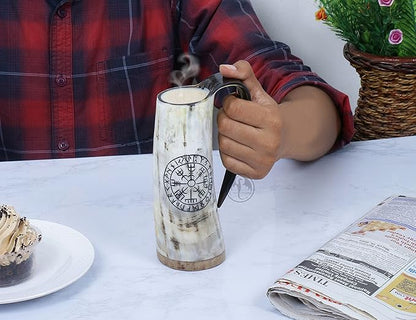 Viking Drinking Coffee Mug- 12oz| Gifts for Men & Women| Real Ox Horn| Food Grade Medieval| Hot and Cold Liquids| Engraved Natural Shine Finish (Compass)
