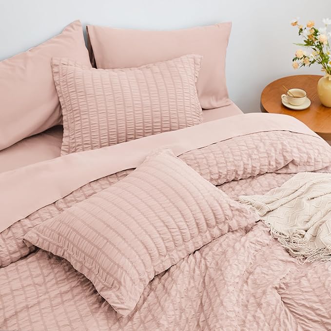 Love's cabin Seersucker Pink Twin Comforter Set, 5-Piece All Season Lightweight Bed in a Bag Bedding Set with Comforter, Flat Sheet, Fitted Sheet, Pillowcase and Sham | Soft, Breathable, Lightweight