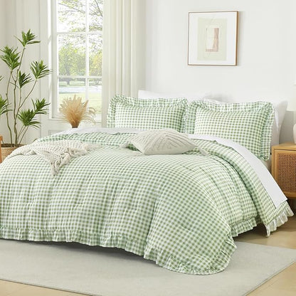 Andency Sage Gingham Ruffle Comforter Full (79x90Inch), 3 Pieces(1 Ruffled Comforter and 2 Pillowcases) Solid Farmhouse Shabby Chic Bed, Vintage Rustic Soft Microfiber Bedding Set