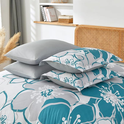 Anibedding Teal Floral Comforter Set King Size 7 Piece, Teal Blue Flower Bed in a Bag, Elegant Botanical Floral Comforter Soft Microfiber Complete Bedding Set for All Season, (Teal, 104"x90")