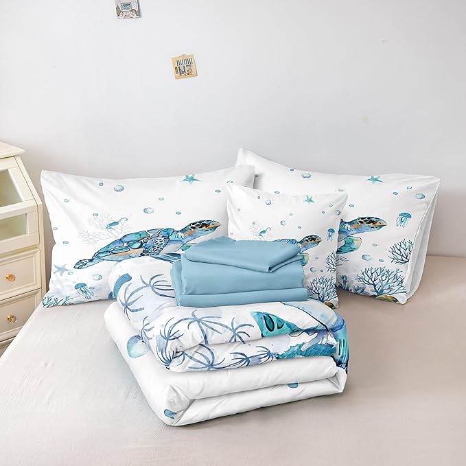 Ocean Themed Bedding Sets - 8 Pieces Queen Bed in A Bag - Teal Blue Turtle & Sea Horse Animal Cartoon Pattern Beach Coastal Bedding Comforter