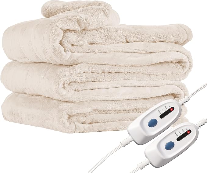 Electric Heated Blanket Queen Size 84"x90", Soft Plush Microplush for Bed, Dual Controllers & Dual Heating Zones, 10 Hours Auto Off & 4 Heating Levels, Machine Washable, Gifts for Family-White