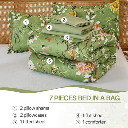 Yiran Sage Green Hibiscus Floral Comforter Set Queen Size, 7 Piece Bird Flowers Botanical Comforter Bedding Set, Vintage Bed in a Bag, Soft Microfiber Complete Bedding Set with Sheets for All Season